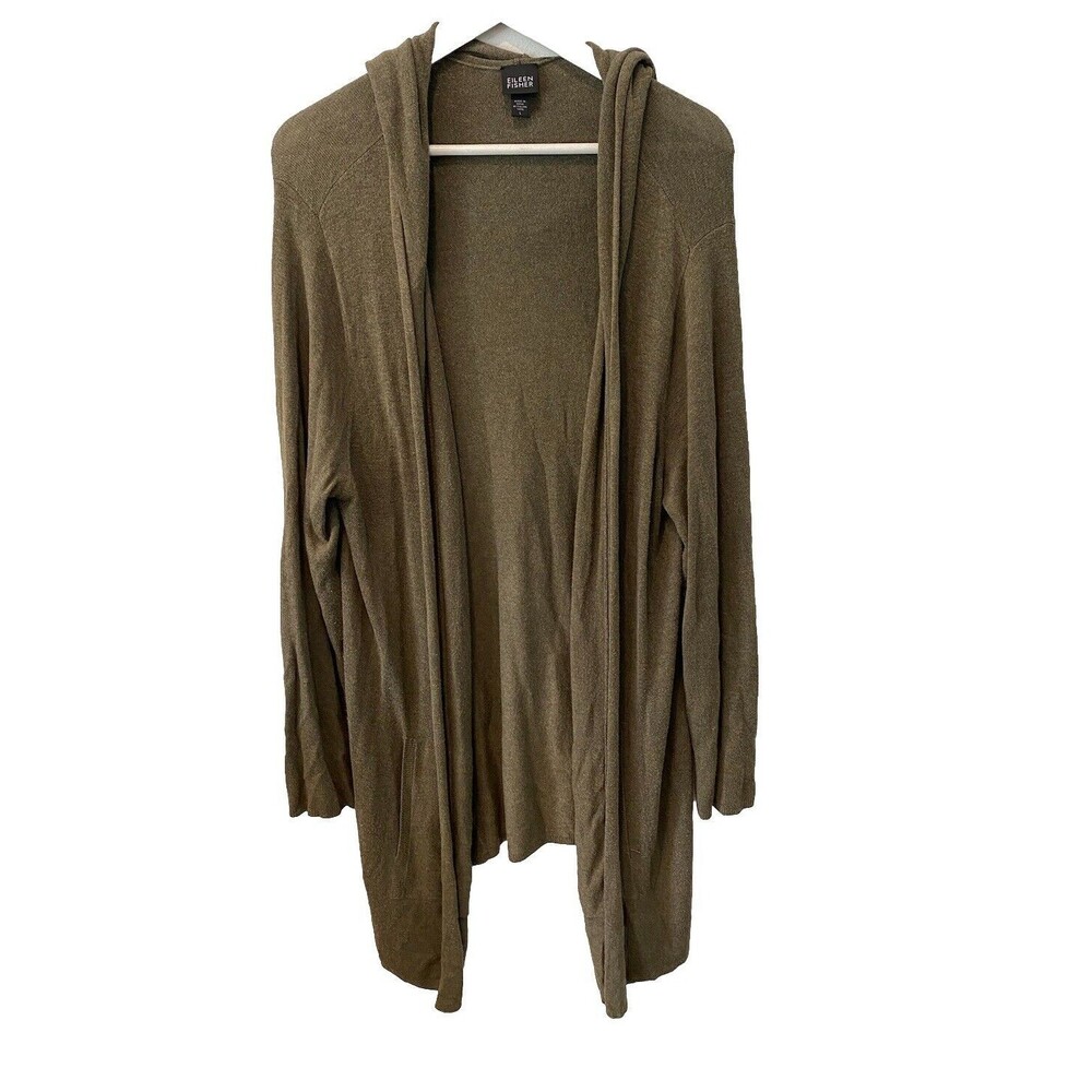 Eileen Fisher Italian Yarn Olive Green Open Front Longline Hooded Cardigan Sz L